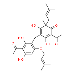 ChemSpider 2D Image | 2-Acetyl-4-{3-acetyl-2,4-dihydroxy-6-[(3-methyl-2-buten-1-yl)oxy]benzyl}-3,5-dihydroxy-6-methyl-6-(3-methyl-2-buten-1-yl)-2,4-cyclohexadien-1-one | C28H34O8
