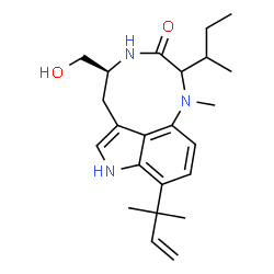 ChemSpider 2D Image | (5S)-2-sec-Butyl-5-(hydroxymethyl)-1-methyl-9-(2-methyl-3-buten-2-yl)-1,2,4,5,6,8-hexahydro-3H-[1,4]diazonino[7,6,5-cd]indol-3-one | C23H33N3O2
