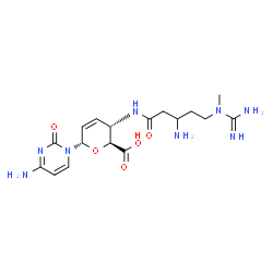 ChemSpider 2D Image | 4-Amino-1-(4-{[3-amino-5-(N-methylcarbamimidamido)pentanoyl]amino}-2,3,4-trideoxy-alpha-D-erythro-hex-2-enopyranuronosyl)-2(1H)-pyrimidinone | C17H26N8O5
