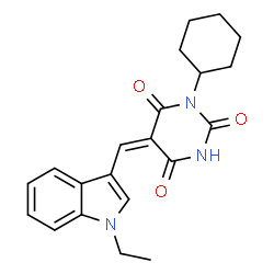 ChemSpider 2D Image | (5E)-1-Cyclohexyl-5-[(1-ethyl-1H-indol-3-yl)methylene]-2,4,6(1H,3H,5H)-pyrimidinetrione | C21H23N3O3
