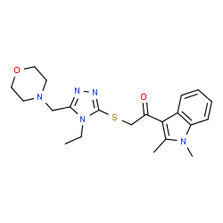 ChemSpider 2D Image | 1-(1,2-Dimethyl-1H-indol-3-yl)-2-{[4-ethyl-5-(4-morpholinylmethyl)-4H-1,2,4-triazol-3-yl]sulfanyl}ethanone | C21H27N5O2S