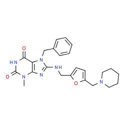 ChemSpider 2D Image | 7-Benzyl-3-methyl-8-({[5-(1-piperidinylmethyl)-2-furyl]methyl}amino)-3,7-dihydro-1H-purine-2,6-dione | C24H28N6O3