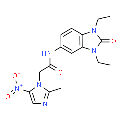 ChemSpider 2D Image | N-(1,3-Diethyl-2-oxo-2,3-dihydro-1H-benzimidazol-5-yl)-2-(2-methyl-5-nitro-1H-imidazol-1-yl)acetamide | C17H20N6O4