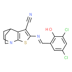 ChemSpider 2D Image | 4-[(E)-(3,5-Dichloro-2-hydroxybenzylidene)amino]-3-thia-1-azatricyclo[5.2.2.0~2,6~]undeca-2(6),4-diene-5-carbonitrile | C17H13Cl2N3OS