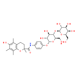 ChemSpider 2D Image | N-(4-{[4-O-(beta-D-Galactopyranosyl)-alpha-D-glucopyranosyl]oxy}phenyl)-6-hydroxy-2,5,7,8-tetramethyl-2-chromanecarboxamide | C32H43NO14