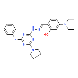 ChemSpider 2D Image | 2-[(E)-{[4-Anilino-6-(1-pyrrolidinyl)-1,3,5-triazin-2-yl]hydrazono}methyl]-5-(diethylamino)phenol | C24H30N8O