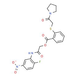 ChemSpider 2D Image | 2-[(2-Fluoro-5-nitrophenyl)amino]-2-oxoethyl 2-{[2-oxo-2-(1-pyrrolidinyl)ethyl]sulfanyl}benzoate | C21H20FN3O6S