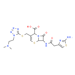 ChemSpider 2D Image | 7-{[(2-Amino-1,3-thiazol-4-yl)acetyl]amino}-3-[({1-[2-(dimethylamino)ethyl]-1H-tetrazol-5-yl}sulfanyl)methyl]-8-oxo-5-thia-1-azabicyclo[4.2.0]oct-3-ene-2-carboxylic acid | C18H23N9O4S3