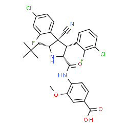 ChemSpider 2D Image | 4-{[(3R,4S,5R)-3-(3-Chloro-2-fluorophenyl)-4-(4-chloro-2-fluorophenyl)-4-cyano-5-(2,2-dimethylpropyl)-D-prolyl]amino}-3-methoxybenzoic acid | C31H29Cl2F2N3O4