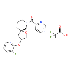 ChemSpider 2D Image | {(3R,5S)-3-[(3-Fluoro-2-pyridinyl)oxy]-1-oxa-7-azaspiro[4.5]dec-7-yl}(4-pyrimidinyl)methanone trifluoroacetate (1:1) | C20H20F4N4O5