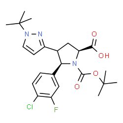ChemSpider 2D Image | (5R)-5-(4-Chloro-3-fluorophenyl)-1-{[(2-methyl-2-propanyl)oxy]carbonyl}-4-[1-(2-methyl-2-propanyl)-1H-pyrazol-3-yl]-L-proline | C23H29ClFN3O4