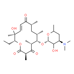 ChemSpider 2D Image | (3R,5R,6S,7S,9R,11E,13S,14R)-14-Ethyl-13-hydroxy-3,5,7,9,13-pentamethyl-2,4,10-trioxooxacyclotetradec-11-en-6-yl 3,4,6-trideoxy-3-(dimethylamino)-beta-D-glycero-hexopyranoside | C28H47NO8