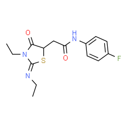 ChemSpider 2D Image | 2-[(2Z)-3-Ethyl-2-(ethylimino)-4-oxo-1,3-thiazolidin-5-yl]-N-(4-fluorophenyl)acetamide | C15H18FN3O2S
