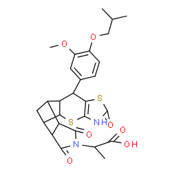 ChemSpider 2D Image | 2-[9-(4-Isobutoxy-3-methoxyphenyl)-6,13,15-trioxo-3,7-dithia-5,14-diazapentacyclo[9.5.1.0~2,10~.0~4,8~.0~12,16~]heptadec-4(8)-en-14-yl]propanoic acid | C27H30N2O7S2