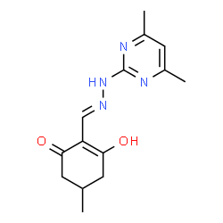 ChemSpider 2D Image | 2-{(E)-[(4,6-Dimethyl-2-pyrimidinyl)hydrazono]methyl}-3-hydroxy-5-methyl-2-cyclohexen-1-one | C14H18N4O2