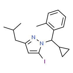 ChemSpider 2D Image | 1-[Cyclopropyl(2-methylphenyl)methyl]-5-iodo-3-isobutyl-1H-pyrazole | C18H23IN2