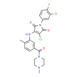 ChemSpider 2D Image | 3-Chloro-1-(3-chloro-4-fluorophenyl)-4-({2-methyl-5-[(4-methyl-1-piperazinyl)carbonyl]phenyl}amino)-1H-pyrrole-2,5-dione | C23H21Cl2FN4O3