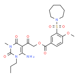 ChemSpider 2D Image | 2-(6-Amino-3-methyl-2,4-dioxo-1-propyl-1,2,3,4-tetrahydro-5-pyrimidinyl)-2-oxoethyl 3-(1-azepanylsulfonyl)-4-methoxybenzoate | C24H32N4O8S
