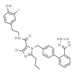 ChemSpider 2D Image | 4-Chloro-N-[2-(4-hydroxy-3-iodophenyl)ethyl]-2-propyl-1-{[2'-(2H-tetrazol-5-yl)-4-biphenylyl]methyl}-1H-imidazole-5-carboxamide | C29H27ClIN7O2