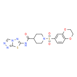 ChemSpider 2D Image | 1-(2,3-Dihydro-1,4-benzodioxin-6-ylsulfonyl)-N-([1,2,4]triazolo[3,4-b][1,3,4]thiadiazol-6-yl)-4-piperidinecarboxamide | C17H18N6O5S2