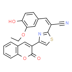 ChemSpider 2D Image | (2Z)-3-(3-Ethoxy-4-hydroxyphenyl)-2-[4-(2-oxo-2H-chromen-3-yl)-1,3-thiazol-2-yl]acrylonitrile | C23H16N2O4S
