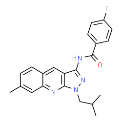 ChemSpider 2D Image | 4-Fluoro-N-(1-isobutyl-7-methyl-1H-pyrazolo[3,4-b]quinolin-3-yl)benzamide | C22H21FN4O