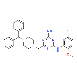 ChemSpider 2D Image | N-(5-Chloro-2-methoxyphenyl)-6-{[4-(diphenylmethyl)-1-piperazinyl]methyl}-1,3,5-triazine-2,4-diamine | C28H30ClN7O