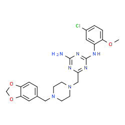 ChemSpider 2D Image | 6-{[4-(1,3-Benzodioxol-5-ylmethyl)-1-piperazinyl]methyl}-N-(5-chloro-2-methoxyphenyl)-1,3,5-triazine-2,4-diamine | C23H26ClN7O3