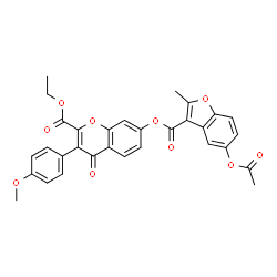 ChemSpider 2D Image | Ethyl 7-{[(5-acetoxy-2-methyl-1-benzofuran-3-yl)carbonyl]oxy}-3-(4-methoxyphenyl)-4-oxo-4H-chromene-2-carboxylate | C31H24O10