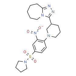 ChemSpider 2D Image | 3-{1-[2-Nitro-4-(1-pyrrolidinylsulfonyl)phenyl]-3-piperidinyl}-6,7,8,9-tetrahydro-5H-[1,2,4]triazolo[4,3-a]azepine | C22H30N6O4S