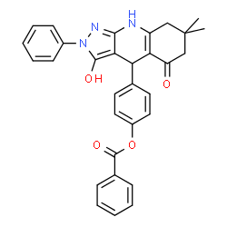 ChemSpider 2D Image | 4-(3-Hydroxy-7,7-dimethyl-5-oxo-2-phenyl-2,4,5,6,7,8-hexahydro-1H-pyrazolo[3,4-b]quinolin-4-yl)phenyl benzoate | C31H27N3O4