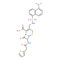 ChemSpider 2D Image | (6R,7R)-3-[({[5-(Dimethylamino)-1-naphthyl]sulfonyl}amino)methyl]-8-oxo-7-[(2-thienylacetyl)amino]-5-thia-1-azabicyclo[4.2.0]oct-2-ene-2-carboxylic acid | C26H26N4O6S3