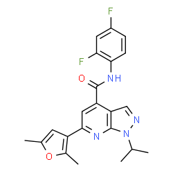 ChemSpider 2D Image | N-(2,4-Difluorophenyl)-6-(2,5-dimethyl-3-furyl)-1-isopropyl-1H-pyrazolo[3,4-b]pyridine-4-carboxamide | C22H20F2N4O2