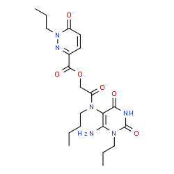 ChemSpider 2D Image | 2-[(6-Amino-2,4-dioxo-1-propyl-1,2,3,4-tetrahydro-5-pyrimidinyl)(butyl)amino]-2-oxoethyl 6-oxo-1-propyl-1,6-dihydro-3-pyridazinecarboxylate | C21H30N6O6