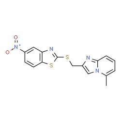 ChemSpider 2D Image | 2-(5-Methyl-imidazo[1,2-a]pyridin-2-ylmethylsulfanyl)-5-nitro-benzothiazole | C16H12N4O2S2