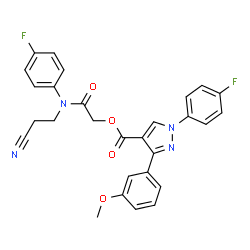 ChemSpider 2D Image | 2-[(2-Cyanoethyl)(4-fluorophenyl)amino]-2-oxoethyl 1-(4-fluorophenyl)-3-(3-methoxyphenyl)-1H-pyrazole-4-carboxylate | C28H22F2N4O4