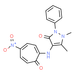 ChemSpider 2D Image | 1,5-Dimethyl-4-[(4-nitro-7-oxo-1,3,5-cycloheptatrien-1-yl)amino]-2-phenyl-1,2-dihydro-3H-pyrazol-3-one | C18H16N4O4