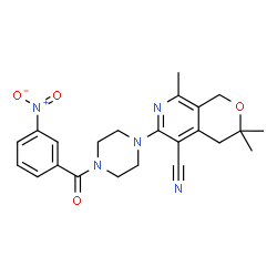 ChemSpider 2D Image | 3,3,8-Trimethyl-6-[4-(3-nitrobenzoyl)-1-piperazinyl]-3,4-dihydro-1H-pyrano[3,4-c]pyridine-5-carbonitrile | C23H25N5O4