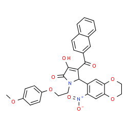 ChemSpider 2D Image | 3-Hydroxy-1-[2-(4-methoxyphenoxy)ethyl]-4-(2-naphthoyl)-5-(7-nitro-2,3-dihydro-1,4-benzodioxin-6-yl)-1,5-dihydro-2H-pyrrol-2-one | C32H26N2O9