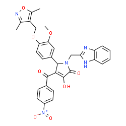 ChemSpider 2D Image | 1-(1H-Benzimidazol-2-ylmethyl)-5-{4-[(3,5-dimethyl-1,2-oxazol-4-yl)methoxy]-3-methoxyphenyl}-3-hydroxy-4-(4-nitrobenzoyl)-1,5-dihydro-2H-pyrrol-2-one | C32H27N5O8