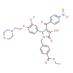 ChemSpider 2D Image | Ethyl 4-{[3-hydroxy-5-{3-methoxy-4-[2-(4-morpholinyl)ethoxy]phenyl}-4-(4-nitrobenzoyl)-2-oxo-2,5-dihydro-1H-pyrrol-1-yl]methyl}benzoate | C34H35N3O10