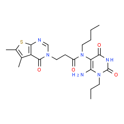 ChemSpider 2D Image | N-(6-Amino-2,4-dioxo-1-propyl-1,2,3,4-tetrahydro-5-pyrimidinyl)-N-butyl-3-(5,6-dimethyl-4-oxothieno[2,3-d]pyrimidin-3(4H)-yl)propanamide | C22H30N6O4S