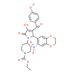 ChemSpider 2D Image | Ethyl 4-[3-hydroxy-4-(4-methoxybenzoyl)-5-(7-nitro-2,3-dihydro-1,4-benzodioxin-6-yl)-2-oxo-2,5-dihydro-1H-pyrrol-1-yl]-1-piperidinecarboxylate | C28H29N3O10