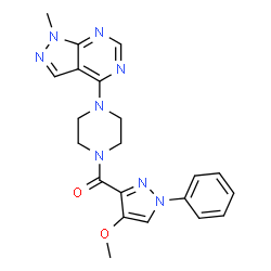 ChemSpider 2D Image | (4-Methoxy-1-phenyl-1H-pyrazol-3-yl)[4-(1-methyl-1H-pyrazolo[3,4-d]pyrimidin-4-yl)-1-piperazinyl]methanone | C21H22N8O2