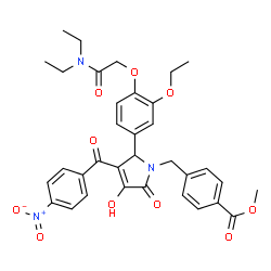 ChemSpider 2D Image | Methyl 4-{[2-{4-[2-(diethylamino)-2-oxoethoxy]-3-ethoxyphenyl}-4-hydroxy-3-(4-nitrobenzoyl)-5-oxo-2,5-dihydro-1H-pyrrol-1-yl]methyl}benzoate | C34H35N3O10