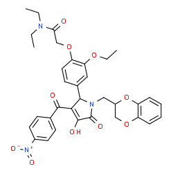 ChemSpider 2D Image | 2-{4-[1-(2,3-Dihydro-1,4-benzodioxin-2-ylmethyl)-4-hydroxy-3-(4-nitrobenzoyl)-5-oxo-2,5-dihydro-1H-pyrrol-2-yl]-2-ethoxyphenoxy}-N,N-diethylacetamide | C34H35N3O10