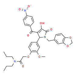 ChemSpider 2D Image | 2-{4-[1-(1,3-Benzodioxol-5-ylmethyl)-4-hydroxy-3-(4-nitrobenzoyl)-5-oxo-2,5-dihydro-1H-pyrrol-2-yl]-2-methoxyphenoxy}-N,N-dipropylacetamide | C34H35N3O10