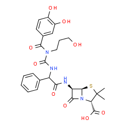 ChemSpider 2D Image | (2S,5R,6R)-6-{[{[(3,4-Dihydroxybenzoyl)(3-hydroxypropyl)carbamoyl]amino}(phenyl)acetyl]amino}-3,3-dimethyl-7-oxo-4-thia-1-azabicyclo[3.2.0]heptane-2-carboxylic acid | C27H30N4O9S