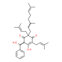 ChemSpider 2D Image | 2-(3,7-Dimethyl-2,6-octadien-1-yl)-5-hydroxy-6-[hydroxy(phenyl)methylene]-2,4-bis(3-methyl-2-buten-1-yl)-4-cyclohexene-1,3-dione | C33H42O4