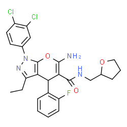 ChemSpider 2D Image | 6-Amino-1-(3,4-dichlorophenyl)-3-ethyl-4-(2-fluorophenyl)-N-(tetrahydro-2-furanylmethyl)-1,4-dihydropyrano[2,3-c]pyrazole-5-carboxamide | C26H25Cl2FN4O3